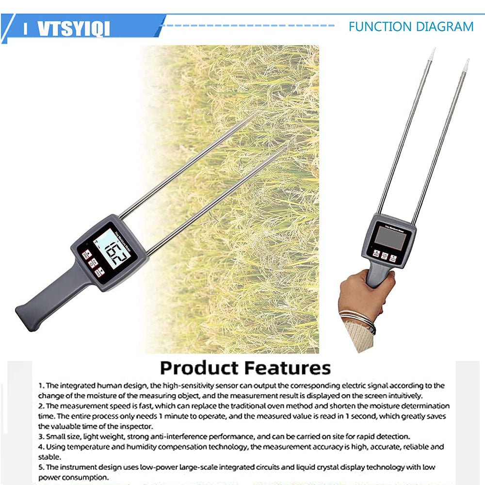 VTSYIQI  Hay Moisture Meter Tester Multfunctional Moisture Meter Digital Fibre Moisture Meter  With Measuring Range 0 to 80% for Alfalfa Pasture Knots Straw Etc