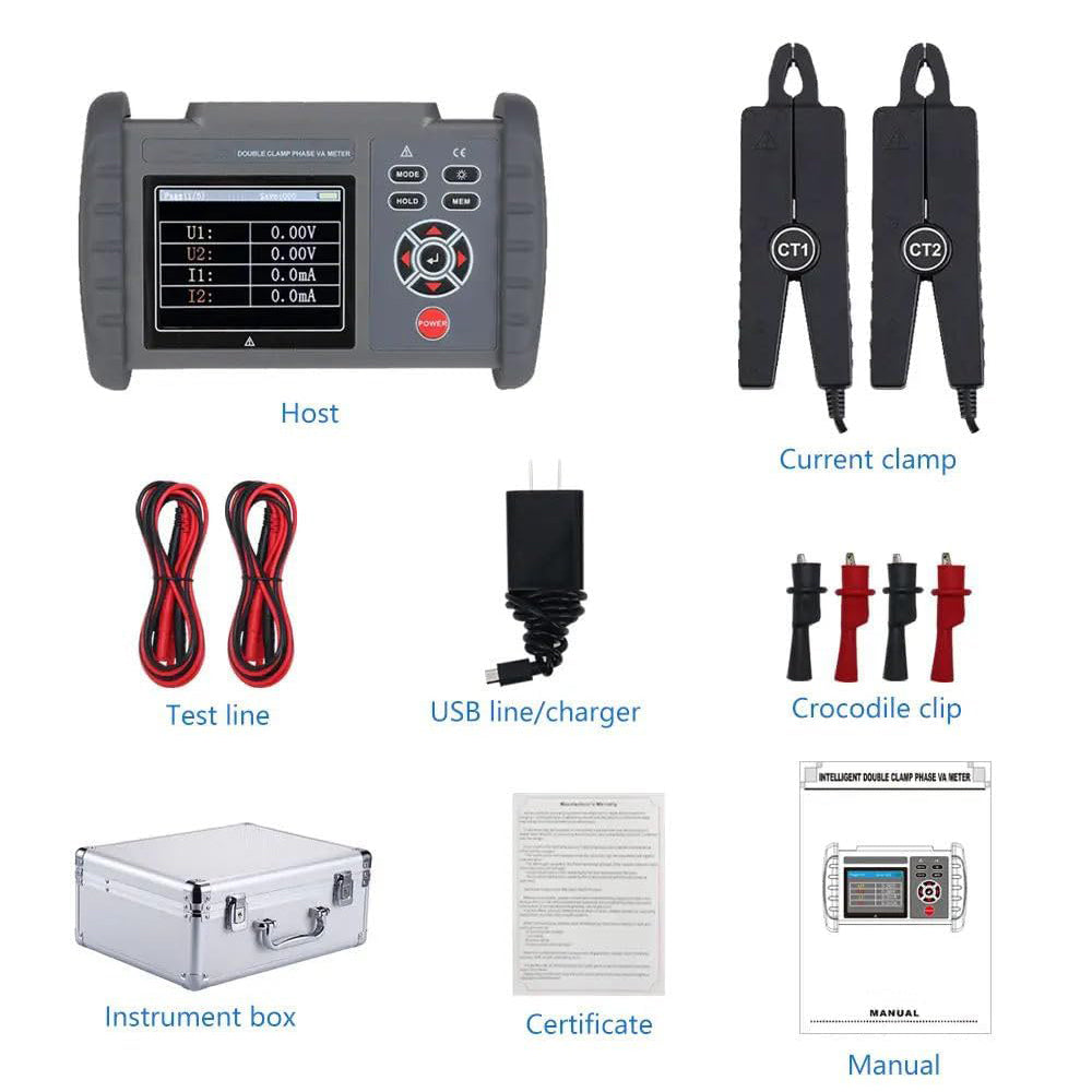 VTSYIQI Dual Clamp Phase Voltammeter with Active Power Range -12kW～12kW Reactive Power Range -12kVAR～12kVAR for Measuring 2 AC Voltages Currents Phases Between Voltages &amp; Currents Frequencies Active Power Reactive Power Apparent Power Power Factor Etc