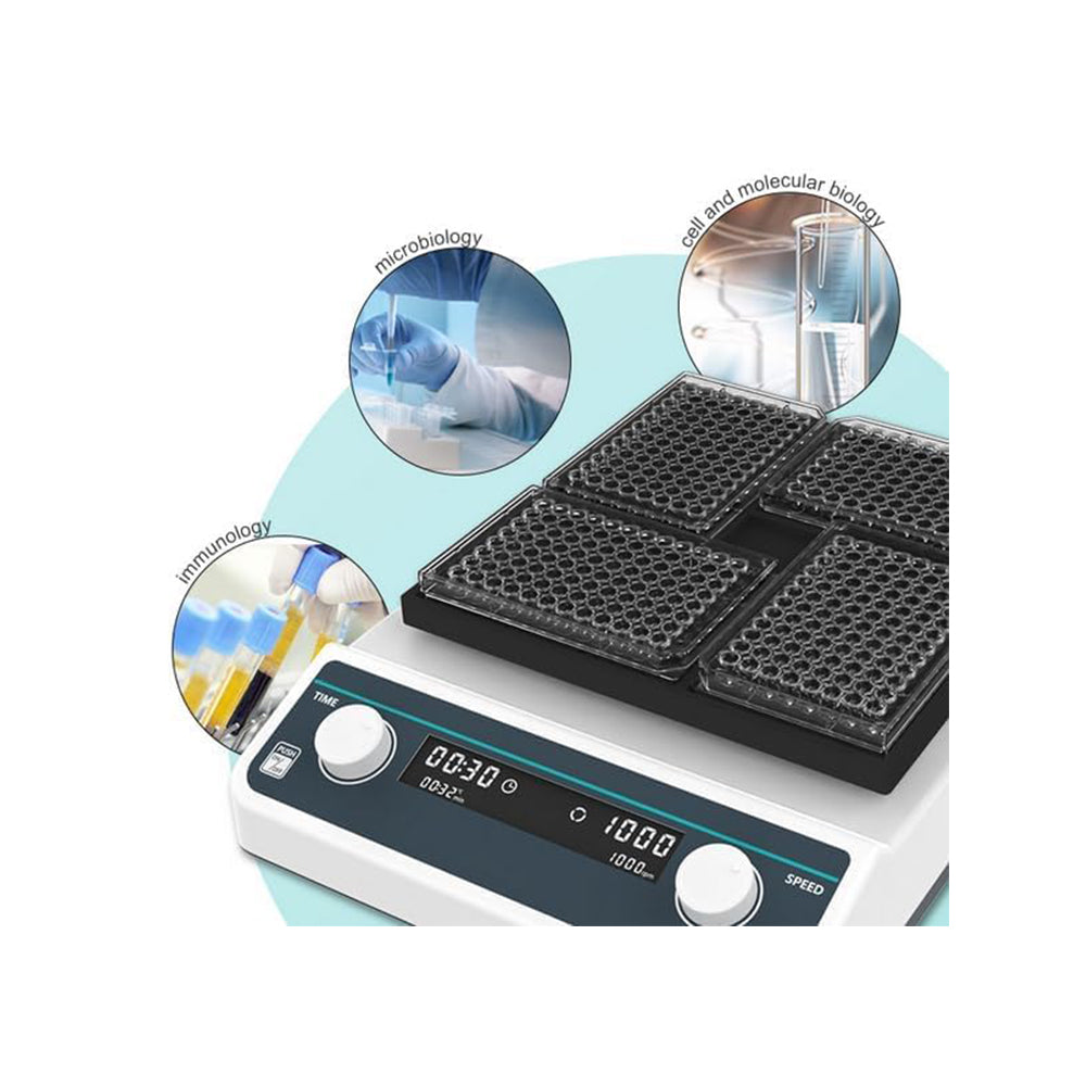 VTSYIQI Digital Microplate Shaker Laboratory Microplate Oscillator Mixer with Horizontal Gyration Amplitude 3mm Max Processable Sample Elisa Plate/Tissue Culture Plate*4 RPM Range 500 to 1200rpm RPM Increment 10rpm Timing Range 1min-8h