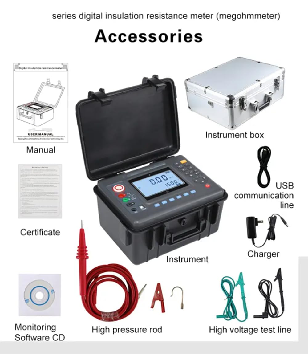 VTSYIQI Digital High Voltage Insulation Resistance Tester 15 kv Insulation Tester Meter with Rated Voltage 500V-15KV Insulation Range 0.01MΩ-50TΩ Resolution 0.01MΩ for Motor Test