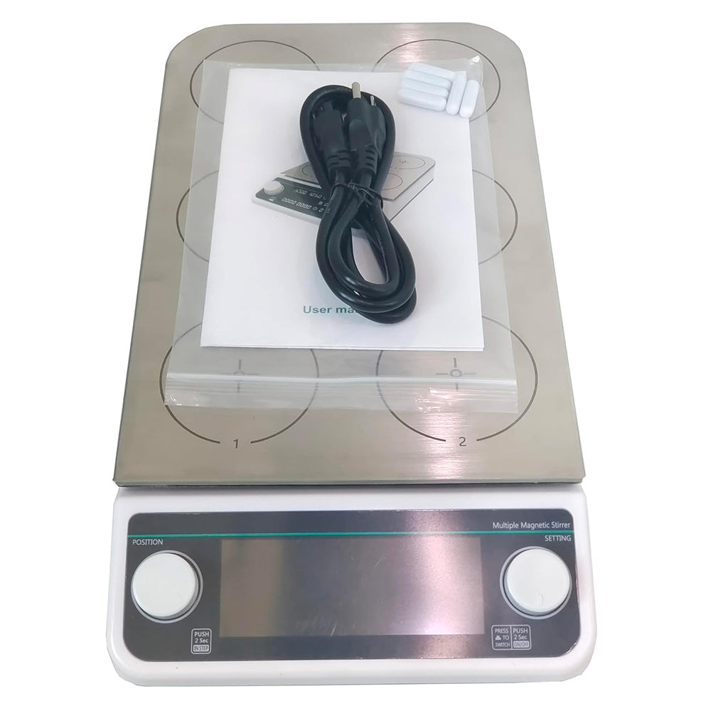 VTSYIQI Hot Plate 6 Position Magnetic Stirrer Hotplate Magnetic Mixer with Max Stirring Volume 6 * 500 ML Speed Range 50-1200RPM Temperature Room Temp - 120℃ Timing 1min - 19h59min LCD Liquid Crystal Display