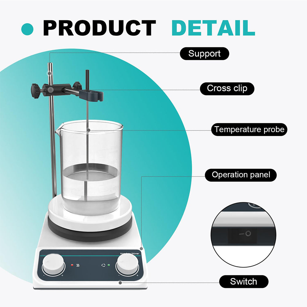 VTSYIQI Heated Magnetic Stirrer Lab Mixer with Hot Plate Φ135mm Stainless Steel Coating Speed Range 200-1500RPM Max Stirring Capacity 2L(H2O) Magnetic Stirring Bar 30mm Linear Shape Max Temp of Hot Plate 260℃ for Stirring Liquid