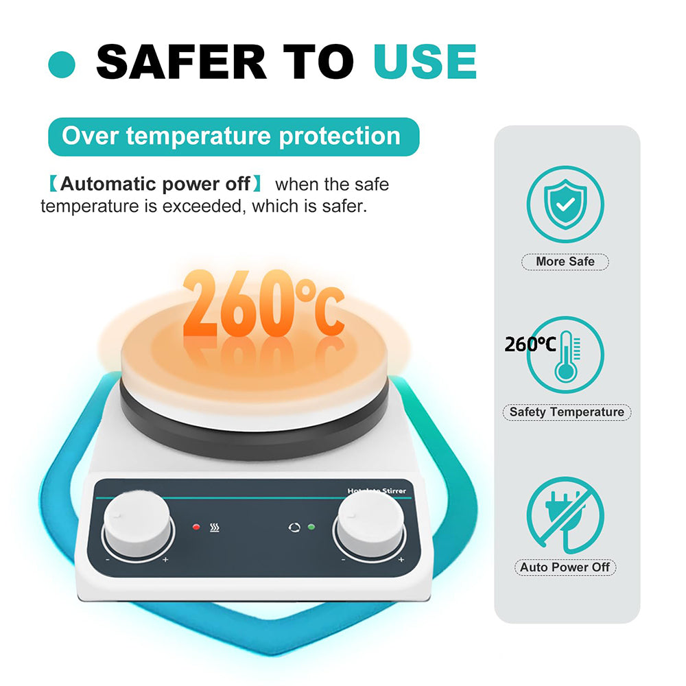 VTSYIQI Lab Hotplate Magnetic Stirrer Heated Magnetic Stirrer with Brushless Motor Max Temp of Hot Plate 260℃ Hot Plate Φ135mm Magnetic Stirring Bar 30mm Linear Shape Max Stirring Capacity 2L(H2O) Speed Range 200-1500RPM Knob