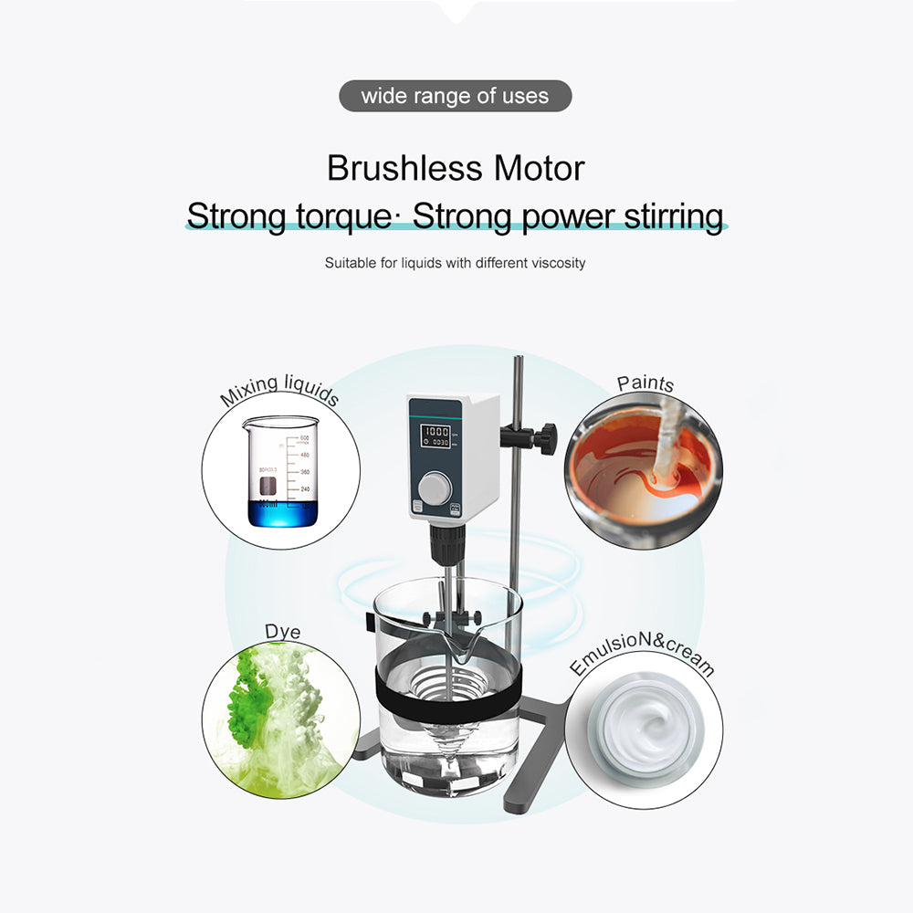 VTSYIQI Overhead Stirrer Electric Overhead Mixer with Brushless Motor Maximum Mixing Volume 10L Speed 100-2000rpm Max Torque 15N.cm Maximum Viscosity 8000mPas Drill Clamp Diameter 1-10mm for Stirring Liquids of Different Viscosities